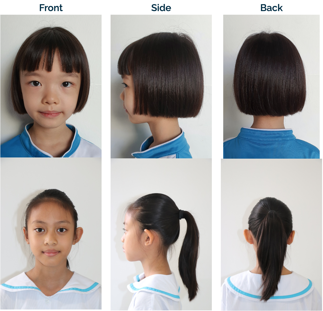 Two girls shown from front, side, and back: one with a dark bob cut, another with a long ponytail.